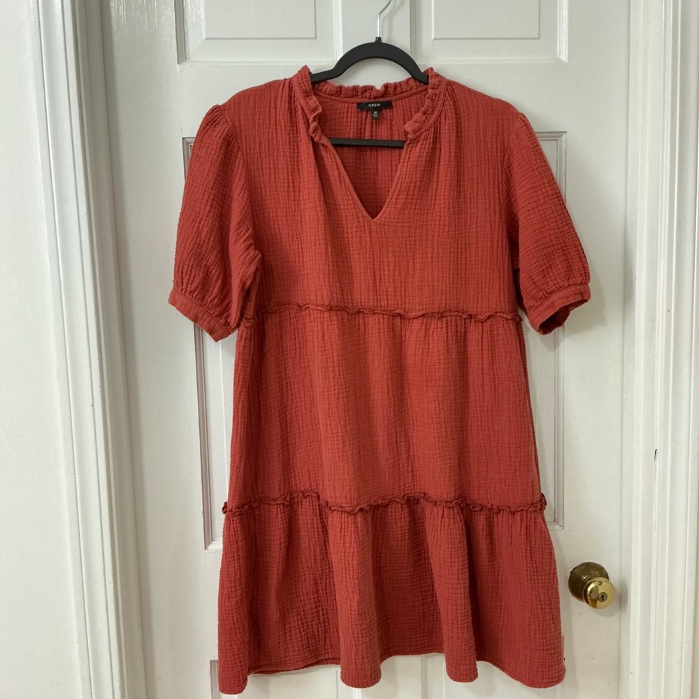 DREW Anthropologie 100% Cotton Gauze Tiered Dress M Rust Orange Boho Fall